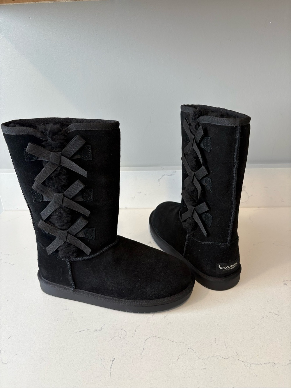 Koolaburra Black Suede Mid-Calf Bow-Back Shearling Boots